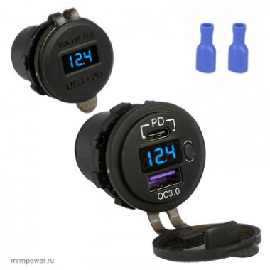 BMG Разъем Usb в авто (врезные) 12V-24V 1USB GH-DS135  (Круглый) QC3.0 + PD + Вольтметр  A3753