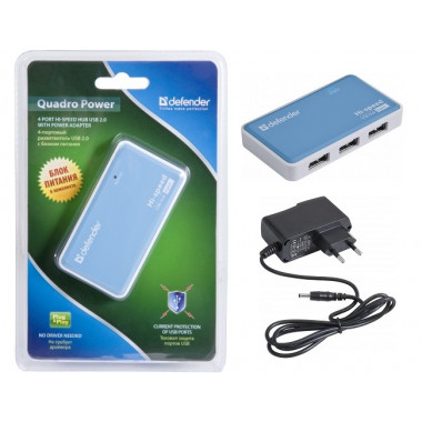 HUB USB Defender Quadro Power  Активный 4 порта с адаптером  83503