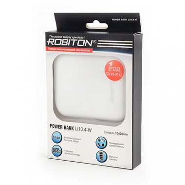 Внешняя батарея  10400mAh (выход 5V 2100/1000mA)  Robiton  Li10.4-W белый.