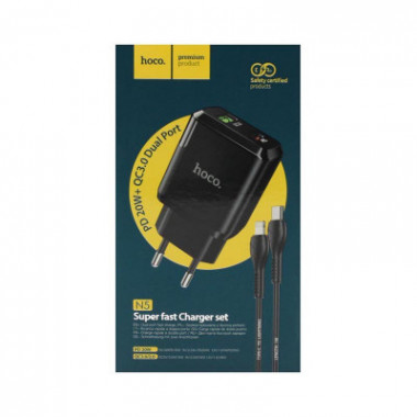 Адаптер сет. Hoco N5  USB+Type-С  PD20W+QC3.0 charger set (cable Type-C to Lightning)          