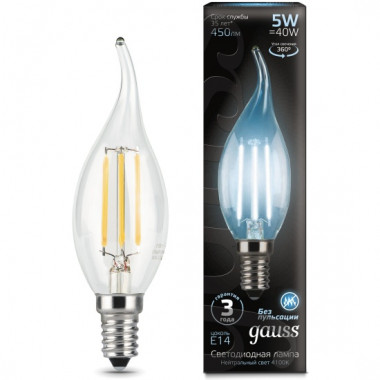Лампа св/д Gauss Filament E14  5W (450lm) 4100K свеча на ветру