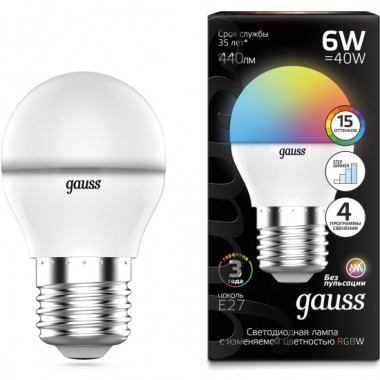 Лампа св/д Gauss Black G45 E27 упр. димм  6W (4400lm) 6500K Шар RGBW + пульт