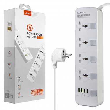 Сетевой фильтр "4USB + 4 розетки" 2500W 17W  LDNIO SC4408