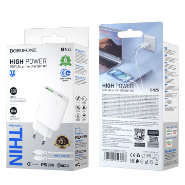 Адаптер сет. Borofone BN25  USB -Type-C 30W  + кабель (Lightning - Type-C)
