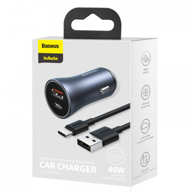 АЗУ Baseus Golden Contactor Pro Dual Quick Charger U+С 40W (cable USB Type-C 5A 1м) TZCCJD-0G