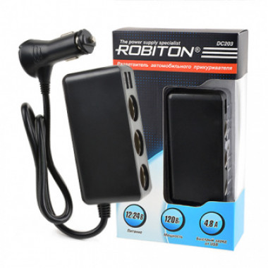 Тройник прикуривателя (3 гнезда 10A + 2USB 4.8A) с проводом 0,6м  DC203 Robiton  16566