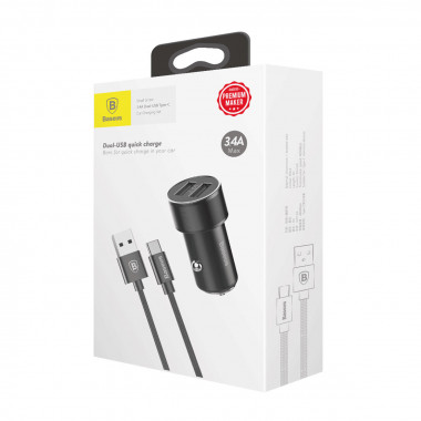 АЗУ Baseus "5V 3.4A"  2 USB  3.4A Dual-USB + кабель Type-C  TZXLD-B0