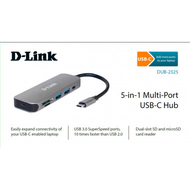 HUB Type-C  D-Link DUB-2325  2порт. черный  (DUB-2325/A1A) + SD / microSD