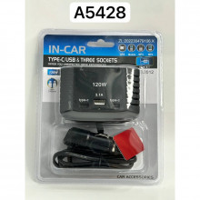 Тройник прикуривателя (3 гнезда + 1 USB + 2 Type-C) с проводом olesson 2012  A5428