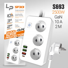 Сетевой фильтр LivePower SF301  3USB + Type-C + 3 розети Gan 45W / 10А 2500W 2м чёрный/ белый 