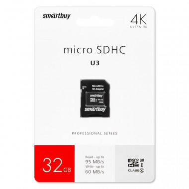 microSDHC class10 32Gb  Smartbuy Pro UHS-I U3 (60/95 Mb/s)+ SD адаптер