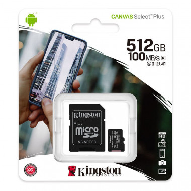 Kingston micro SDXC class10 512Gb  Canvas Select Plus A1 (100 Mb/s) + SD адаптер