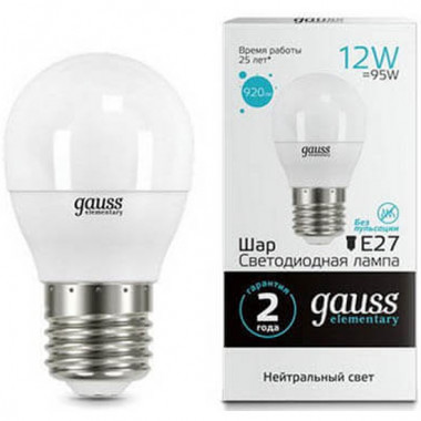 Лампа св/д Gauss Elementary шар E27 12W (920lm) 4100K 