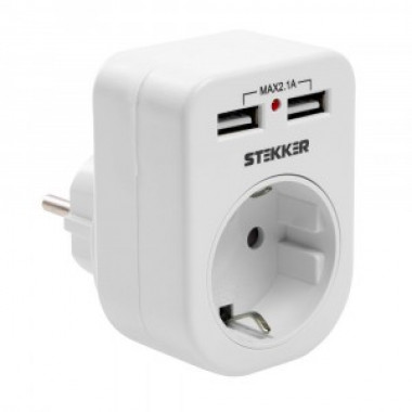 Переходник сетевой Stekker с/з (+ 2 USB 2,1A) 250V 16A белый ADP16-24-20 39626