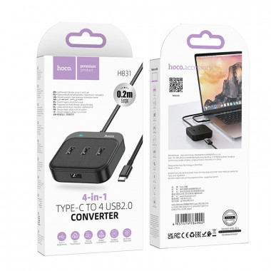 HUB Type-C  Hoco HB31  пластик  (4 USB2.0 выхода)  кабель Type-C 0,2м  чёрный 