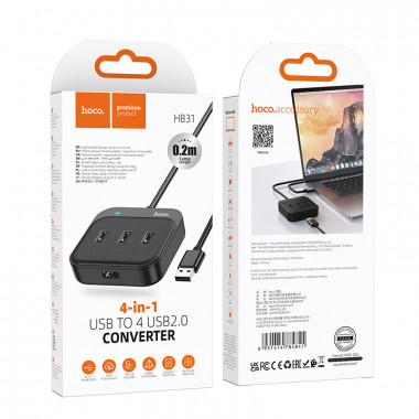 HUB USB3.0  Hoco HB31  пластик (4xUSB2.0)  20см