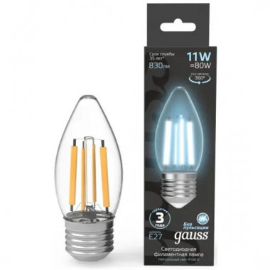 Лампа св/д Gauss Filament E27 11W (830lm) 4100K свеча 