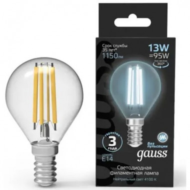 Лампа св/д Gauss Filament E14 13W (1150lm) 4100K шар