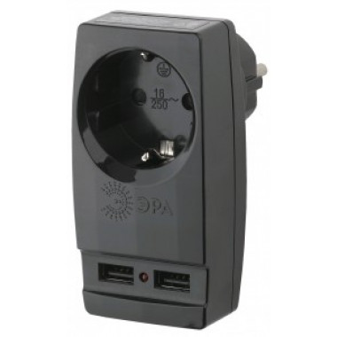 Разветвитель сетевой Эра  1 роз 16А + 2 USB 5V 2A  чёрный земля SP-1e-USB-B