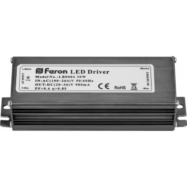 Драйвер  30W AC240V DC 20V-36V 900mA  Feron LB0004 метал