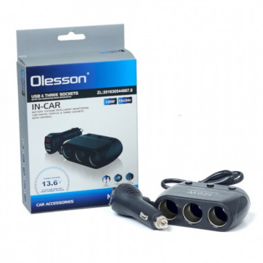 Тройник прикуривателя (3 гнезда + 1 USB) с проводом olesson 1518  A1458