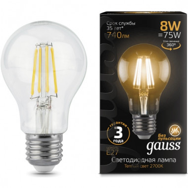 Лампа св/д Gauss Filament A60 E27  8W (740lm)  2700K 