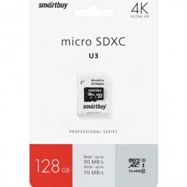 SmartBuy micro SDXC class10 128Gb  Pro UHS-I U3 (70/90 Mb/s) + SD адаптер