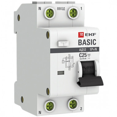 Автомат выкл EKF Basic дифф. АВДТ АД-12 1P+N C25А 30мА тип AC 4,5кА электрон DA12-25-30-bas