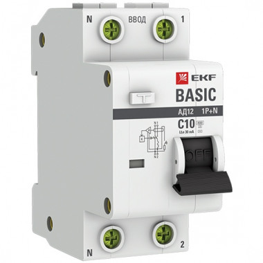 Автомат выкл EKF Basic дифф. АВДТ АД-12 1P+N C10А 30мА тип AC 4,5кА электрон DA12-10-30-bas