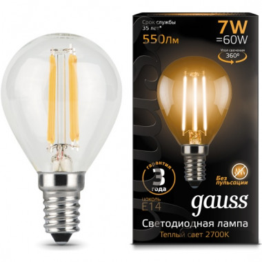 Лампа св/д Gauss Filament E14  7W (550lm) 2700K шар
