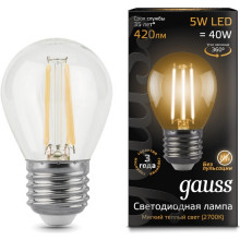 Лампа св/д Gauss Filament E27  5W (420lm)  2700K шар 