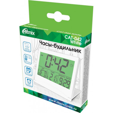 Часы будильник Ritmix CAT-042 белый  встр.терм,кн.упр.,склад.корп., 1*CR2025