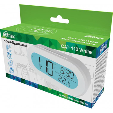 Часы будильник Ritmix CAT-110 белый   подсвет.диспл,кноп.упр, 2*AAA