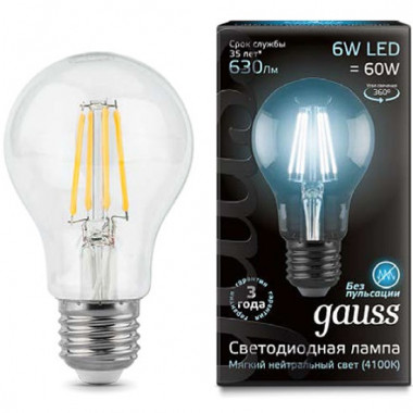 Лампа св/д Gauss Filament A60 E27  6W (630lm)  4100K