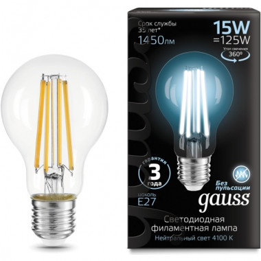 Лампа св/д Gauss Filament A60 E27 15W (1400lm)  4100K