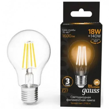 Лампа св/д Gauss Filament A60 E27 18W (1600lm)  2700K