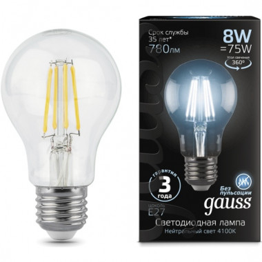 Лампа св/д Gauss Filament A60 E27  8W (780lm)  4100K