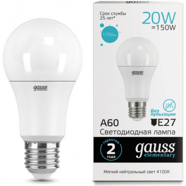 Лампа св/д Gauss Elementary E27 20W (1600lm) 4100K  А60 