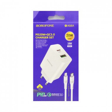 Адаптер сет. Borofone BA56A  USB -Type-C 20W (5V 3A) + кабель (iPhone - Type-C)