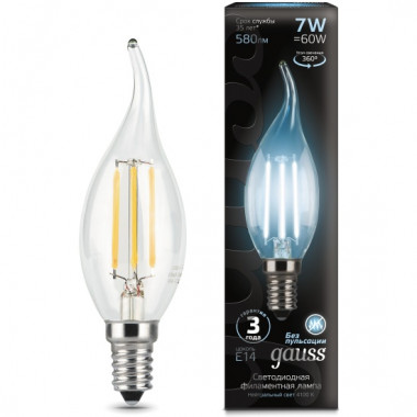 Лампа св/д Gauss Filament E14  7W (580lm) 4100K свеча на ветру