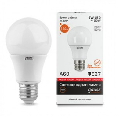 Лампа св/д Gauss Elementary E27  7W (520lm) 2700K  A55/А60