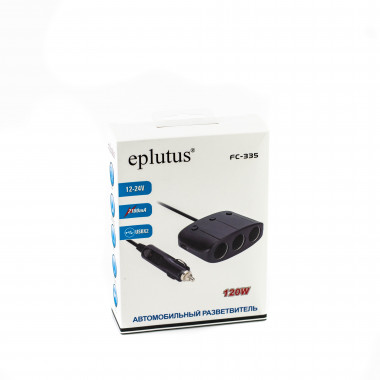 Тройник прикуривателя (3 гнезда + 2 USB) с проводом  Eplutus FC-335