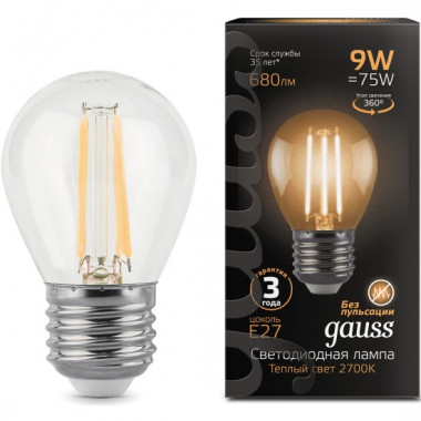 Лампа св/д Gauss Filament E27  9W (680lm)  2700K шар 