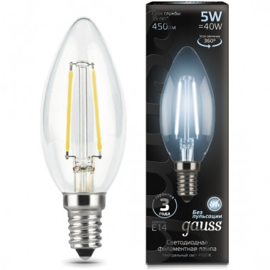 Лампа св/д Gauss Filament E14  5W (450lm) 4100K свеча