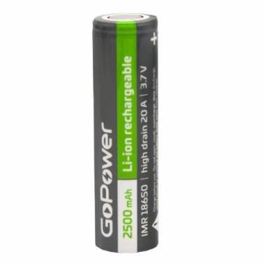 Аккумулятор GoPower 18650  3.7V 2500mAh  Li-ion IMR 20A без защиты высокий ток 18356