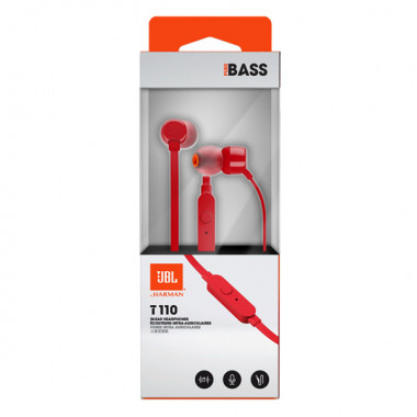 Гарнитура JBL T110  красные, 20-22000Гц, 100дБ, 16Ом, кабель 1.2м