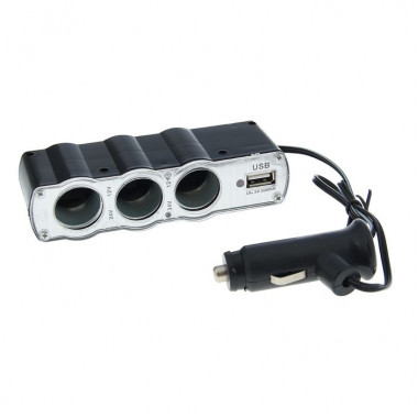 Тройник прикуривателя (3 гнезда + USB) с проводом  WF-071